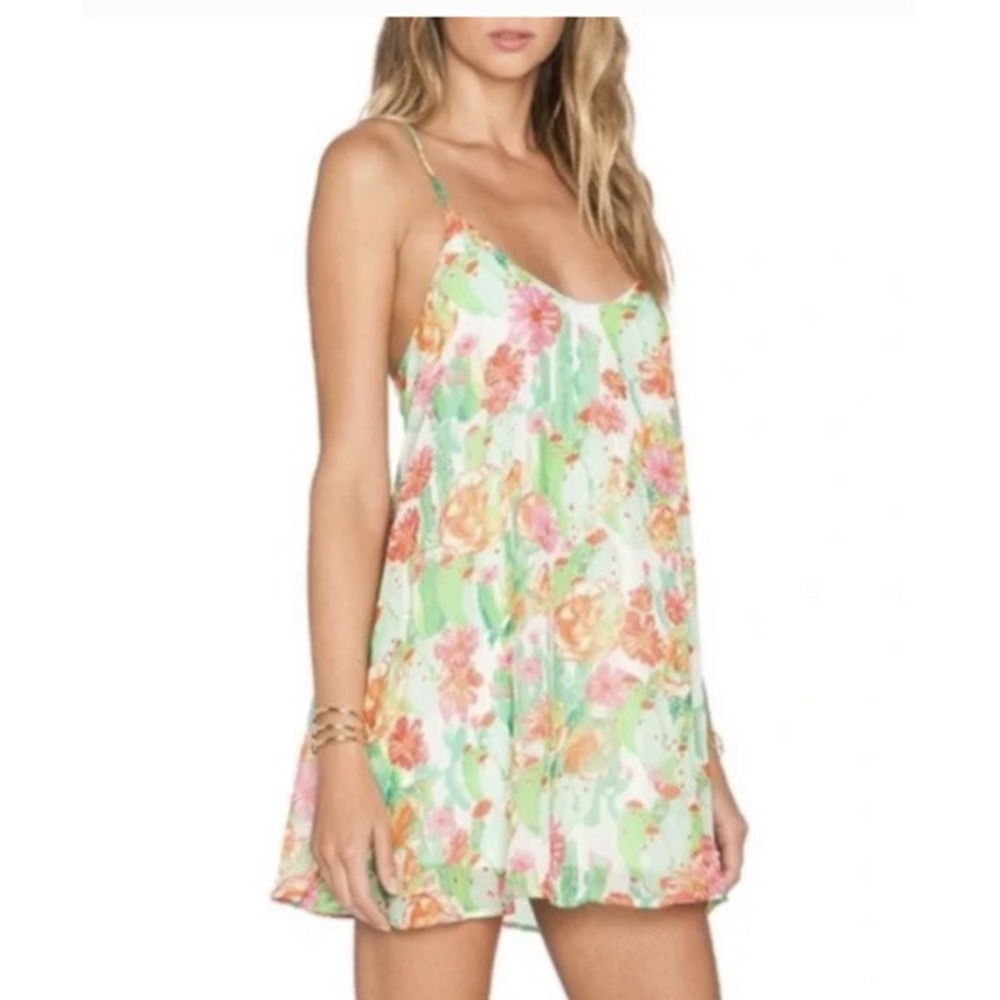 SHOW ME YOUR MUMU WHITE GREEN FLORAL & CACTUS MINI SLIP DRESS Xs Extra Small